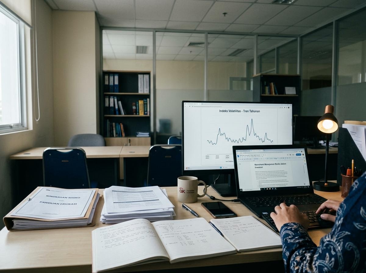 Ilustrasi meja kerja redaksi dengan grafik volatilitas dan catatan risiko pasar